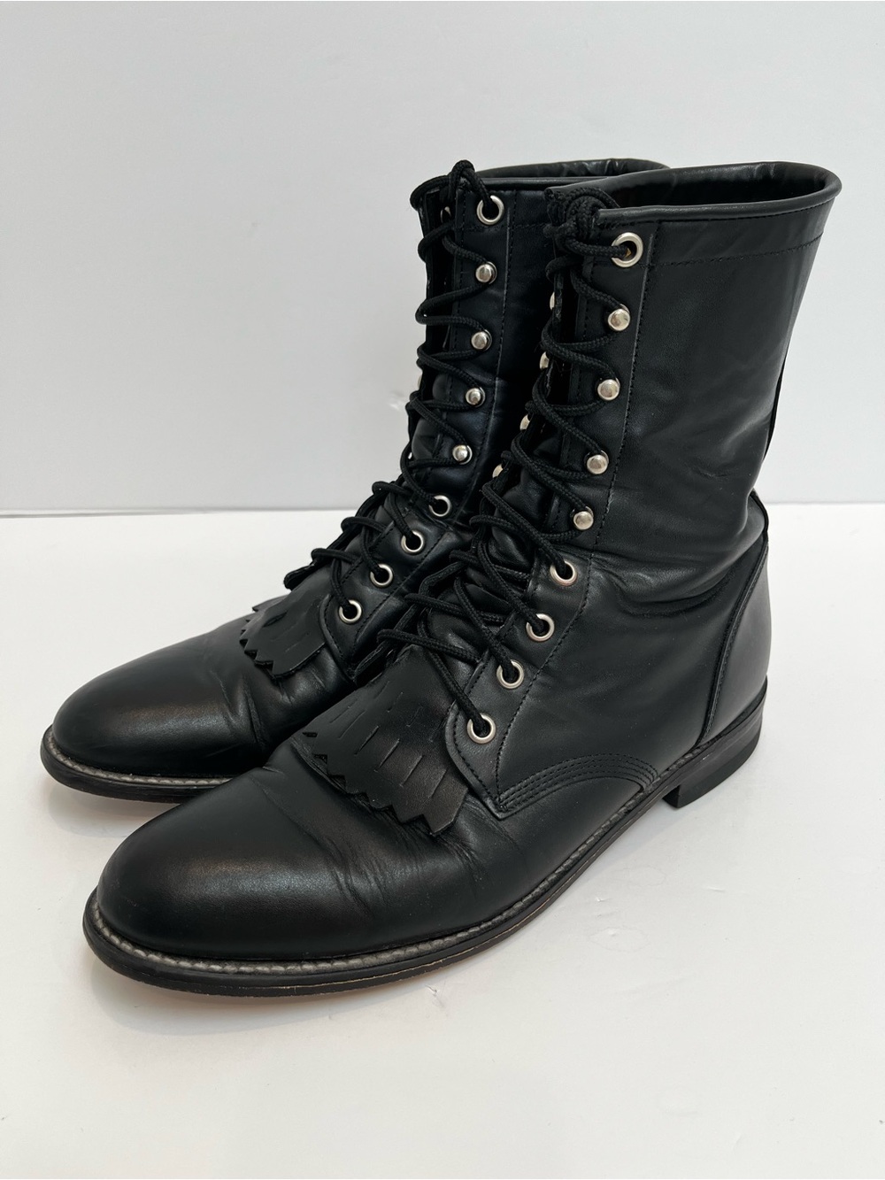 Justin Vintage Black Leather Kiltie Lacer Boots 9B Western Roper Goth L0506